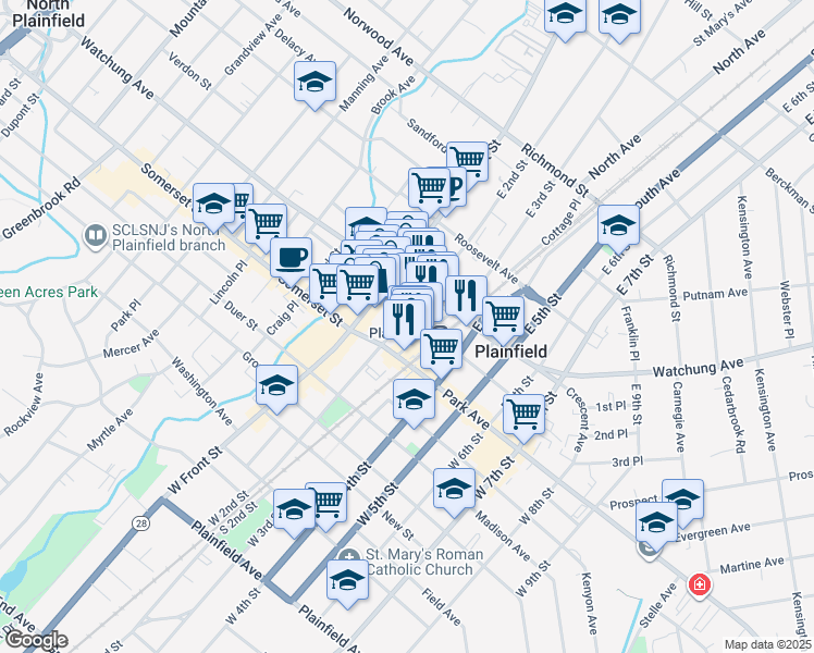 map of restaurants, bars, coffee shops, grocery stores, and more near 132 East 2nd Street in Plainfield