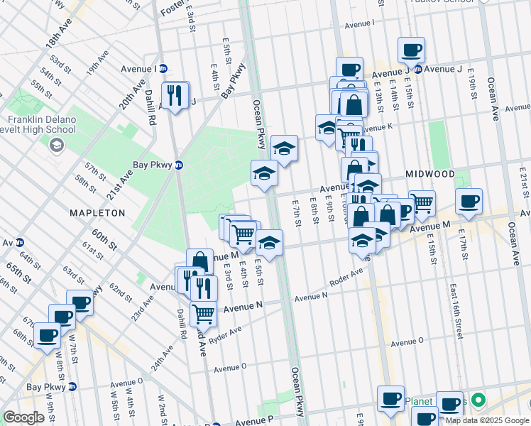 map of restaurants, bars, coffee shops, grocery stores, and more near 1226 Ocean Parkway Service Road in Brooklyn