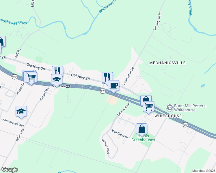 map of restaurants, bars, coffee shops, grocery stores, and more near 366 U.S. 22 in Readington Township