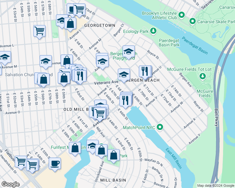 map of restaurants, bars, coffee shops, grocery stores, and more near 2049 East 67th Street in Brooklyn