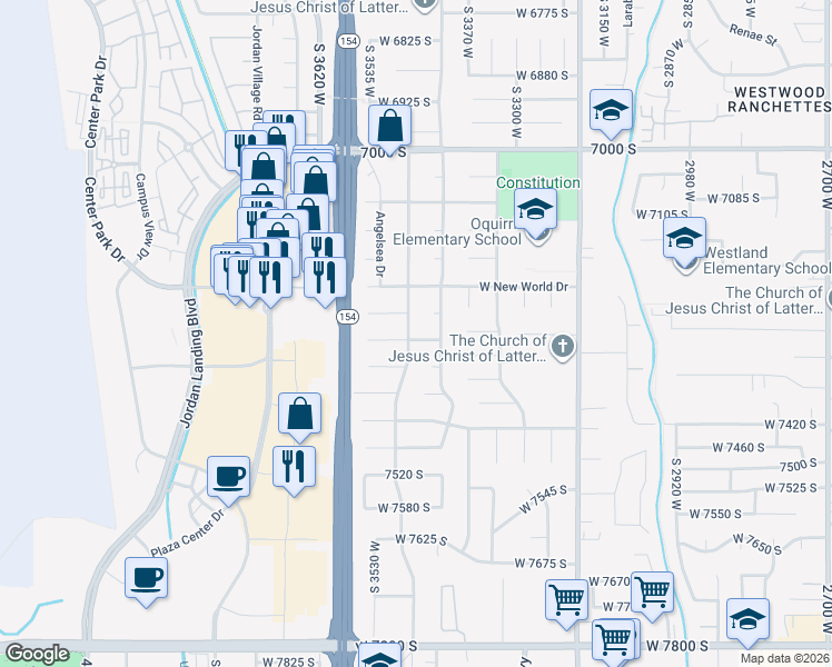 map of restaurants, bars, coffee shops, grocery stores, and more near 3468 Freedom Lane South in West Jordan