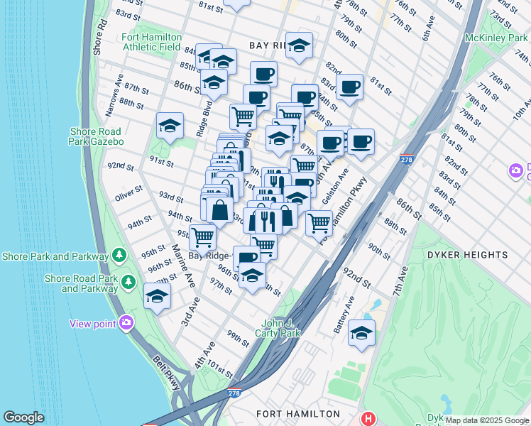 map of restaurants, bars, coffee shops, grocery stores, and more near 373 92nd Street in Brooklyn