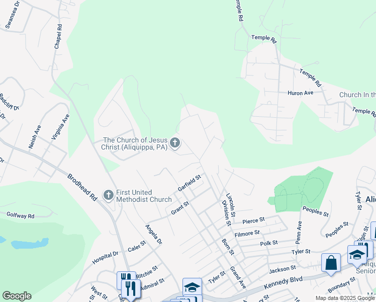 map of restaurants, bars, coffee shops, grocery stores, and more near 102 Division Street in Aliquippa
