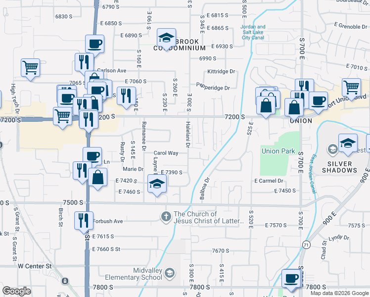 map of restaurants, bars, coffee shops, grocery stores, and more near 7310 Halelani Drive in Midvale