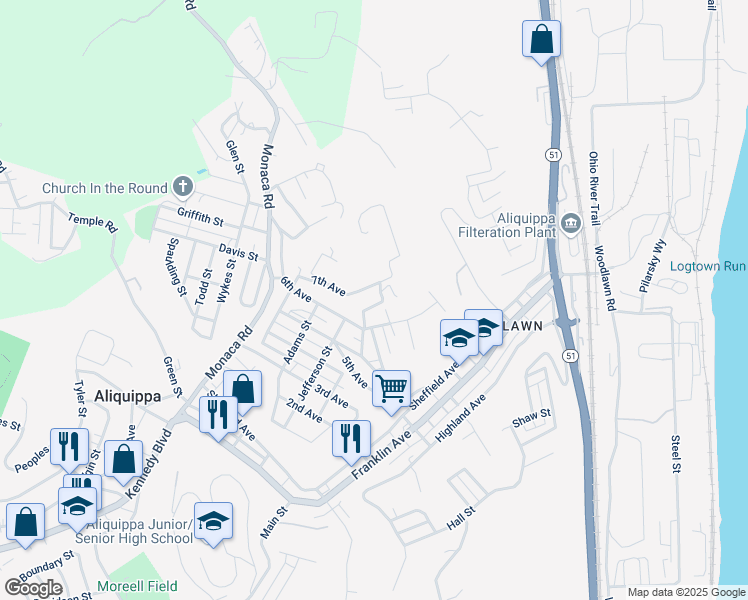 map of restaurants, bars, coffee shops, grocery stores, and more near 174 Montini Street in Aliquippa