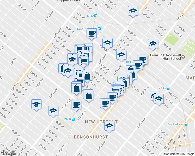 map of restaurants, bars, coffee shops, grocery stores, and more near 1631 70th Street in Brooklyn