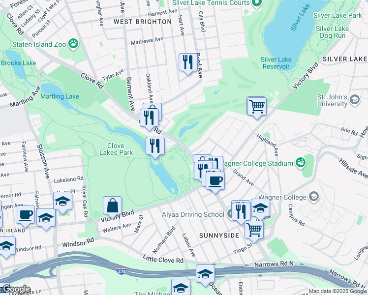 map of restaurants, bars, coffee shops, grocery stores, and more near 1134 Clove Road in Staten Island