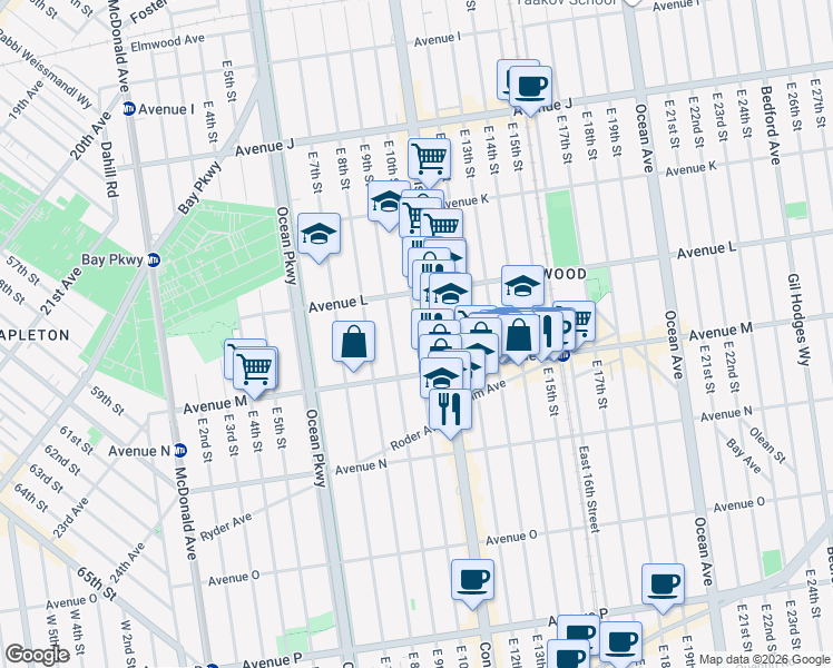 map of restaurants, bars, coffee shops, grocery stores, and more near East 10th Street in Brooklyn