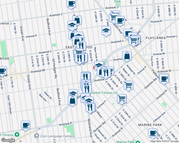 map of restaurants, bars, coffee shops, grocery stores, and more near 1351 East 31st Street in Brooklyn