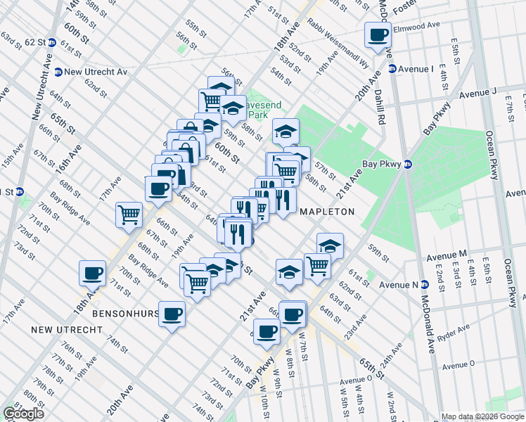 map of restaurants, bars, coffee shops, grocery stores, and more near 1967 62nd Street in Brooklyn