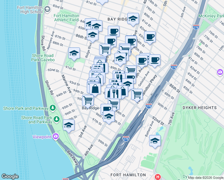 map of restaurants, bars, coffee shops, grocery stores, and more near 368 92nd Street in Brooklyn