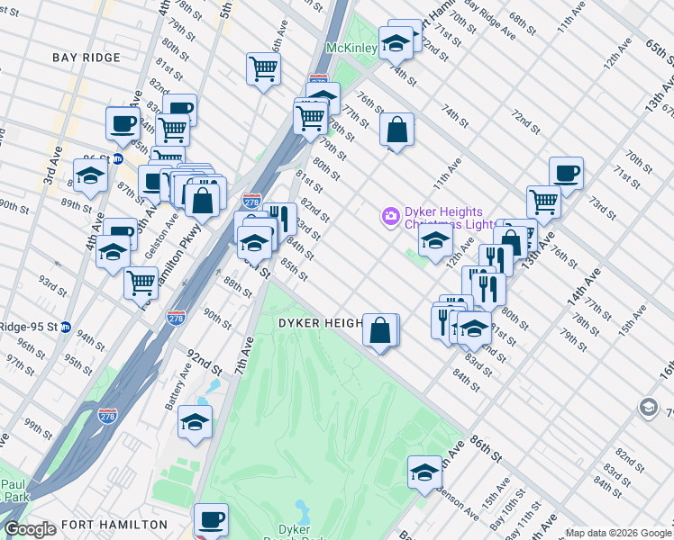 map of restaurants, bars, coffee shops, grocery stores, and more near 1043 84th Street in Brooklyn
