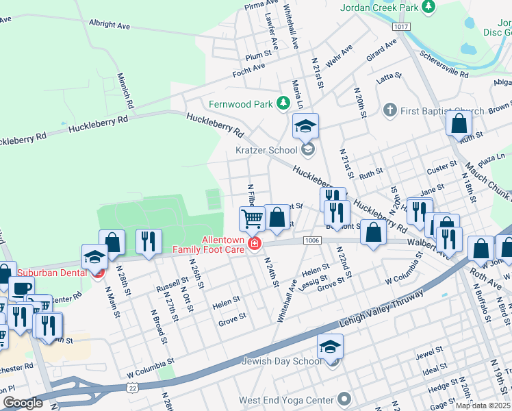 map of restaurants, bars, coffee shops, grocery stores, and more near 1707 North Filbert Street in Allentown