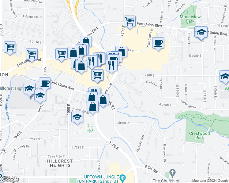 map of restaurants, bars, coffee shops, grocery stores, and more near 1199 Waterside Cove in Midvale