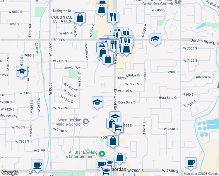 map of restaurants, bars, coffee shops, grocery stores, and more near 7316 1700 West in West Jordan
