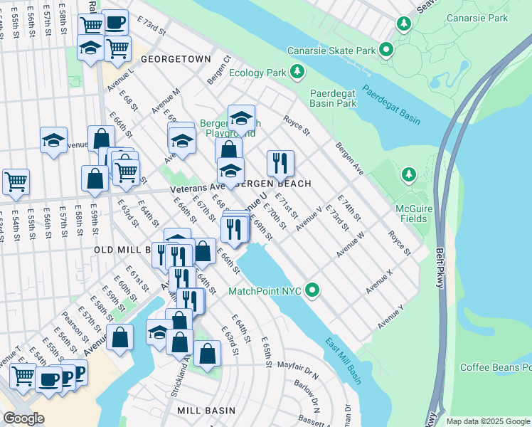 map of restaurants, bars, coffee shops, grocery stores, and more near 2101 East 69th Street in Brooklyn
