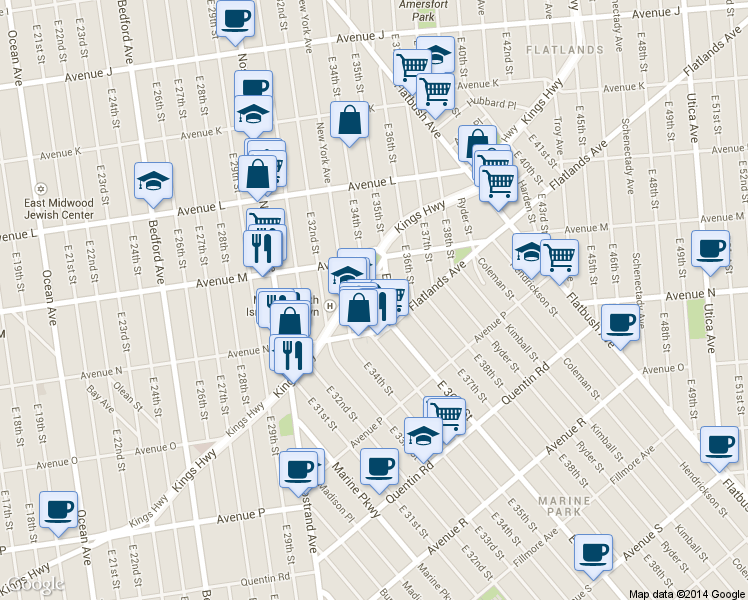 map of restaurants, bars, coffee shops, grocery stores, and more near 1497 East 34th Street in Brooklyn