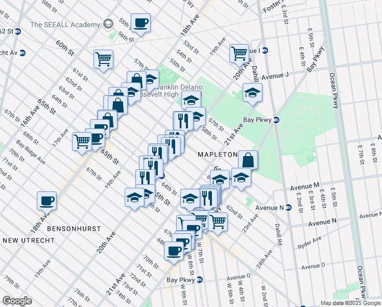 map of restaurants, bars, coffee shops, grocery stores, and more near 2018 61st Street in Brooklyn