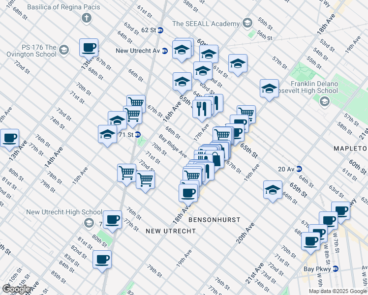 map of restaurants, bars, coffee shops, grocery stores, and more near 6820 17th Avenue in Brooklyn
