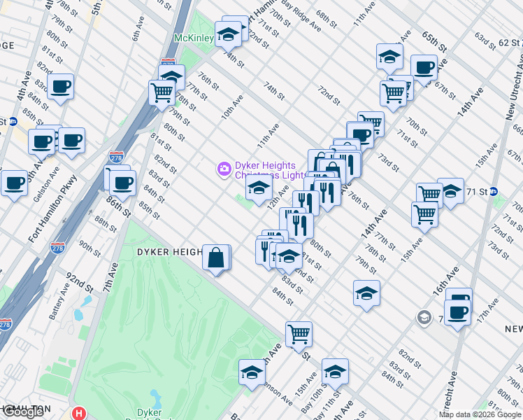 map of restaurants, bars, coffee shops, grocery stores, and more near 1194 80th Street in Brooklyn