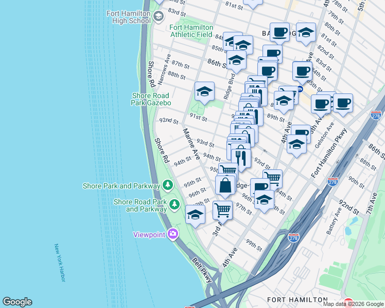 map of restaurants, bars, coffee shops, grocery stores, and more near 76 94th Street in Brooklyn