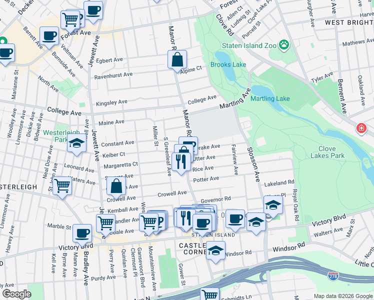 map of restaurants, bars, coffee shops, grocery stores, and more near 390 Manor Road in Staten Island