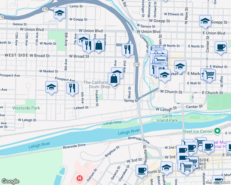 map of restaurants, bars, coffee shops, grocery stores, and more near 317 Rauch Street in Bethlehem