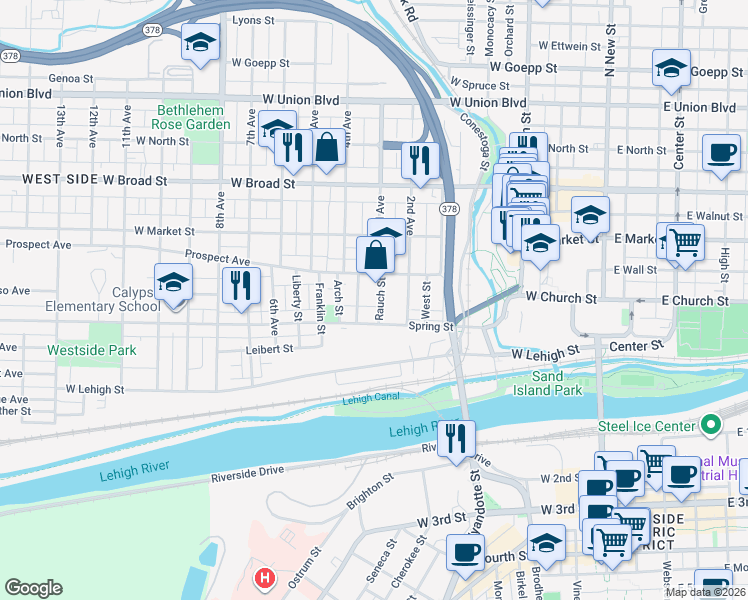 map of restaurants, bars, coffee shops, grocery stores, and more near 317 Rauch Street in Bethlehem