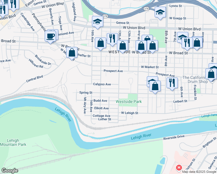 map of restaurants, bars, coffee shops, grocery stores, and more near 1502 Spring Street in Bethlehem