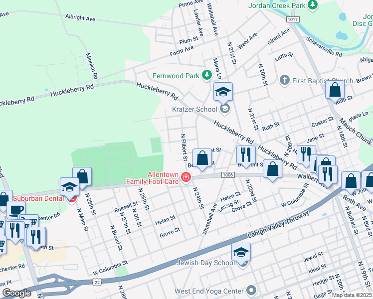 map of restaurants, bars, coffee shops, grocery stores, and more near 1707 North Filbert Street in Allentown