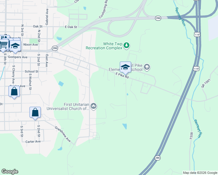 map of restaurants, bars, coffee shops, grocery stores, and more near 88 Shaffer Drive in Indiana