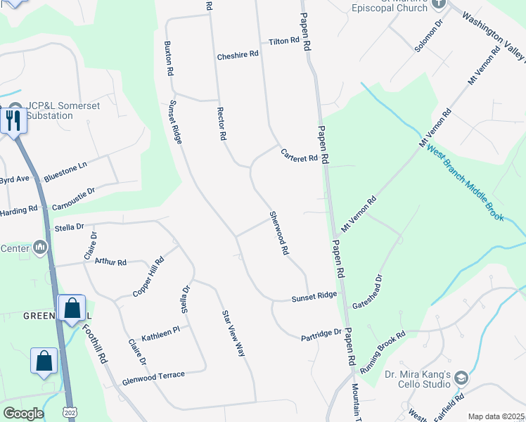 map of restaurants, bars, coffee shops, grocery stores, and more near 909 Sherwood Road in Bridgewater Township