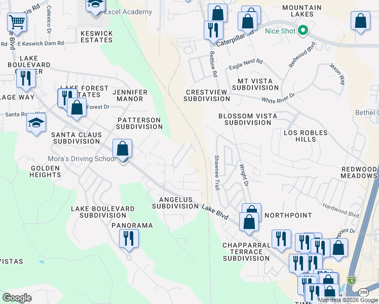 map of restaurants, bars, coffee shops, grocery stores, and more near 795 Shamrock Street in Redding