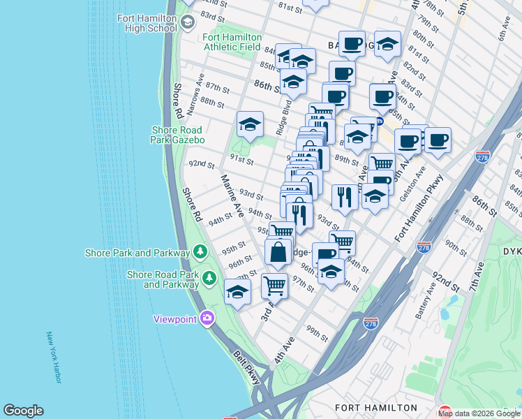 map of restaurants, bars, coffee shops, grocery stores, and more near 209 94th Street in Brooklyn