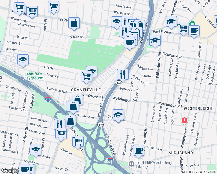 map of restaurants, bars, coffee shops, grocery stores, and more near 21 Deppe Place in Staten Island