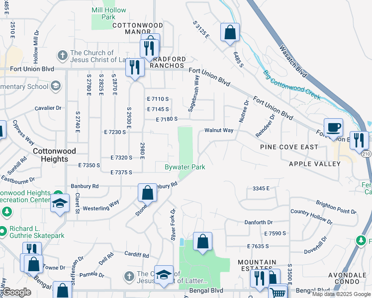 map of restaurants, bars, coffee shops, grocery stores, and more near 3133 Banbury Road in Cottonwood Heights