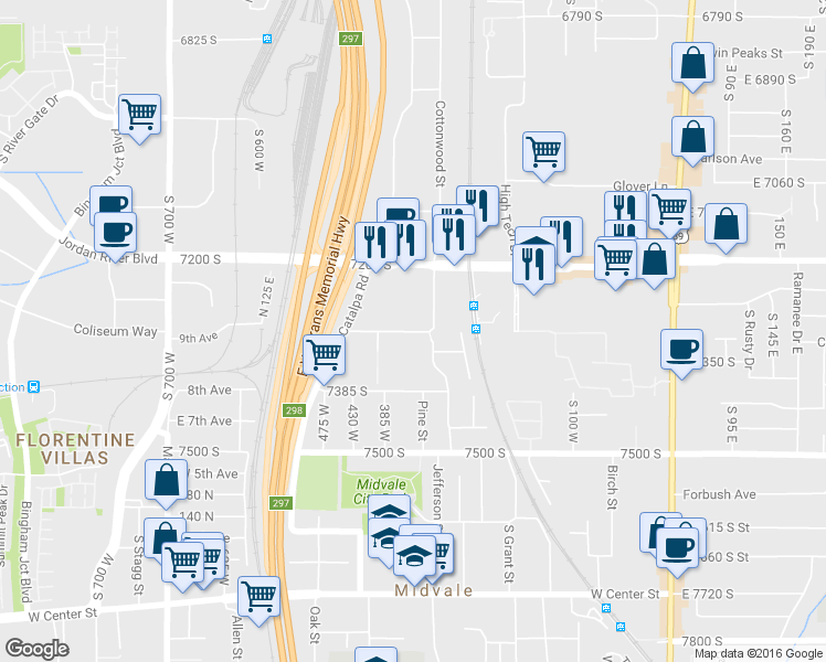 map of restaurants, bars, coffee shops, grocery stores, and more near 7314 Cottonwood Street in Midvale
