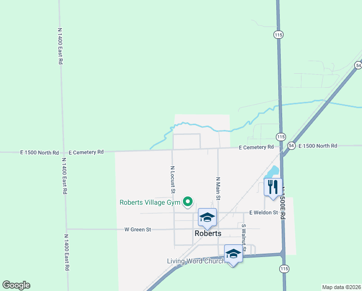 map of restaurants, bars, coffee shops, grocery stores, and more near 210 West Cemetery Road in Roberts