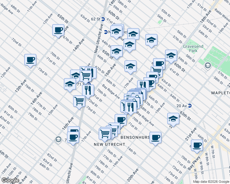 map of restaurants, bars, coffee shops, grocery stores, and more near 6820 17th Avenue in Brooklyn