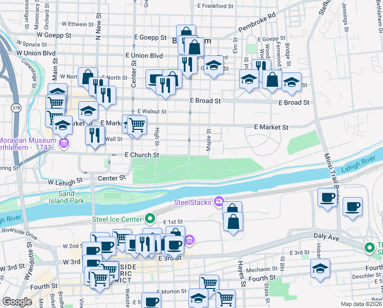 map of restaurants, bars, coffee shops, grocery stores, and more near 402 Linden Street in Bethlehem