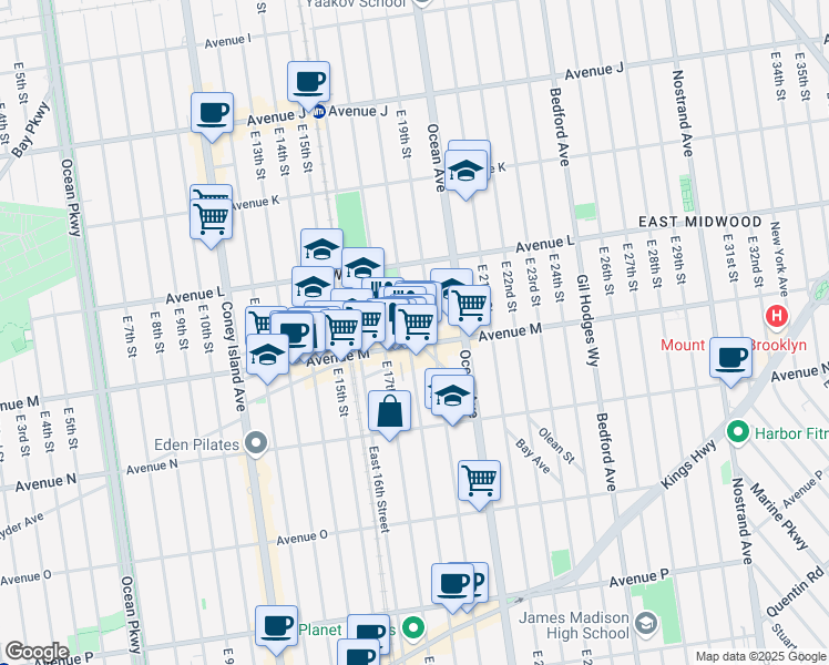 map of restaurants, bars, coffee shops, grocery stores, and more near 1305 East 18th Street in Brooklyn