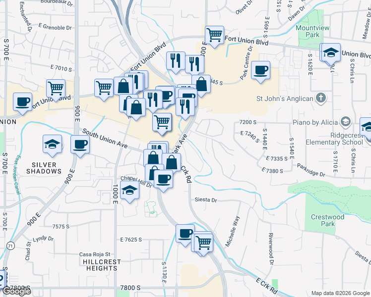 map of restaurants, bars, coffee shops, grocery stores, and more near 1199 East Waterside Cove in Cottonwood Heights