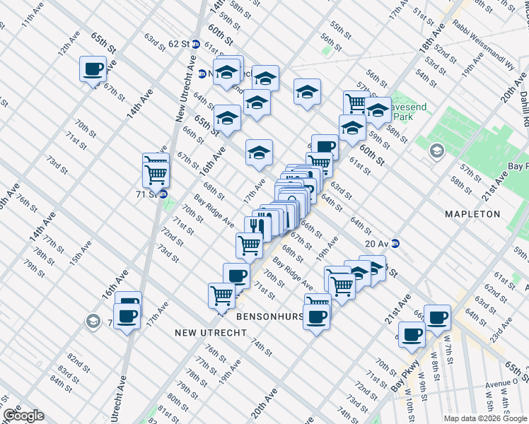 map of restaurants, bars, coffee shops, grocery stores, and more near 1751 67th Street in Brooklyn