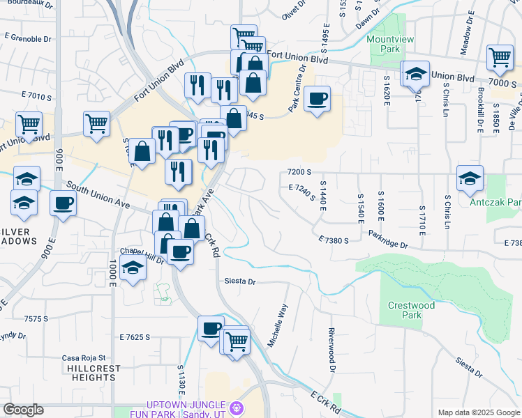 map of restaurants, bars, coffee shops, grocery stores, and more near 7255 South Caladora Cove in Cottonwood Heights