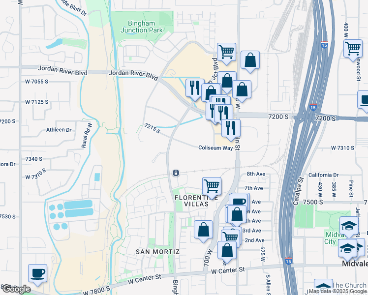 map of restaurants, bars, coffee shops, grocery stores, and more near 799 Coliseum Way in Midvale