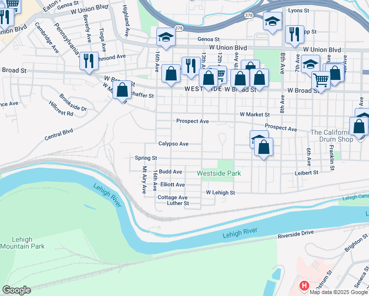 map of restaurants, bars, coffee shops, grocery stores, and more near 1502 Spring Street in Bethlehem