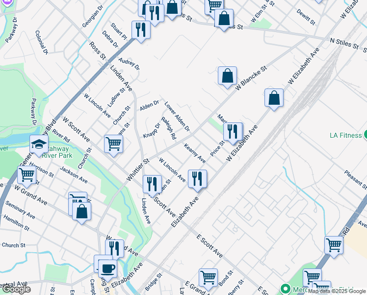 map of restaurants, bars, coffee shops, grocery stores, and more near 260 Kearny Avenue in Rahway