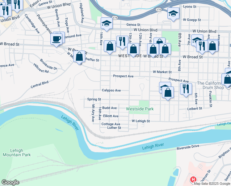 map of restaurants, bars, coffee shops, grocery stores, and more near 1502 Spring Street in Bethlehem