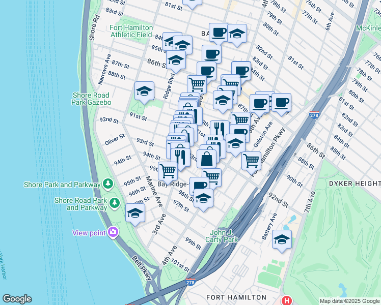map of restaurants, bars, coffee shops, grocery stores, and more near 9204 3rd Avenue in Brooklyn