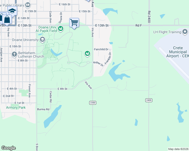 map of restaurants, bars, coffee shops, grocery stores, and more near 520 Iris Avenue in Crete